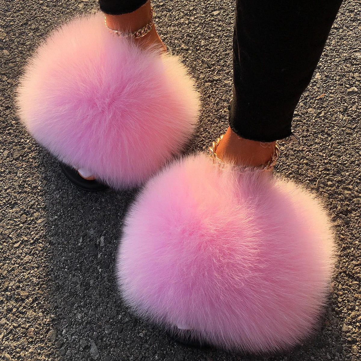 Extra Large Real Fox Raccoon Fur Slides - Designer Beach Sandals with Plush Furry Detailing for Women