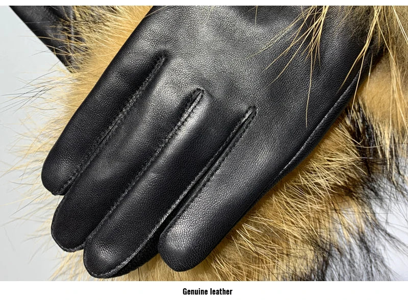 Luxury Fox Fur & Genuine Sheepskin Leather Gloves for Women – Winter Warm Driving Mittens with Real Fur Cuffs