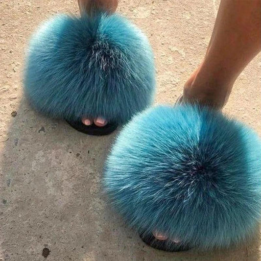 Extra Large Real Fox Raccoon Fur Slides - Designer Beach Sandals with Plush Furry Detailing for Women - HER SHOP