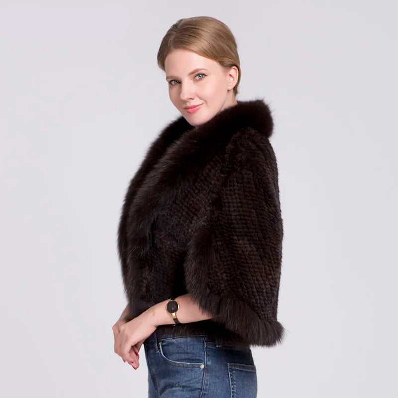 Ms.MinShu-Natural Mink Fur Poncho for Women, Trimmed Mink Fur Coat, Fox Fur Collar, Sleeveless, Woven Jacket, Outwear