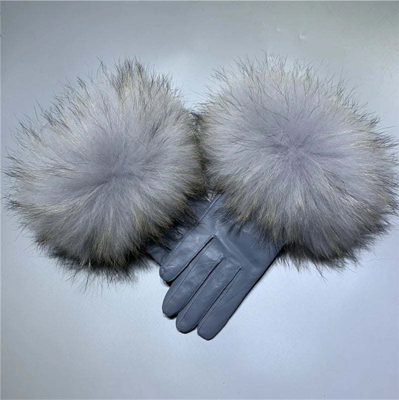 Luxury Fox Fur & Genuine Sheepskin Leather Gloves for Women – Winter Warm Driving Mittens with Real Fur Cuffs