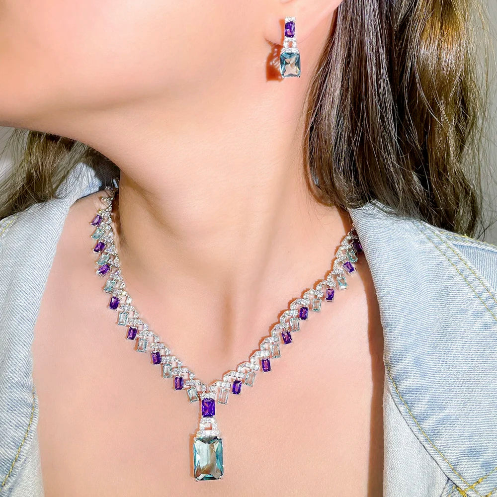 Luxury Blue & Purple Cubic Zirconia Bridal Jewelry Set – Silver Square Drop Necklace & Earrings for Wedding or Party
