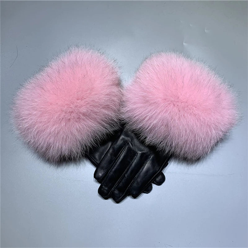 Luxury Fox Fur & Genuine Sheepskin Leather Gloves for Women – Winter Warm Driving Mittens with Real Fur Cuffs