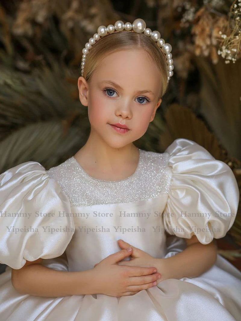 Puff-Sleeve Flower Girl Dress for First Communion and Kids Party