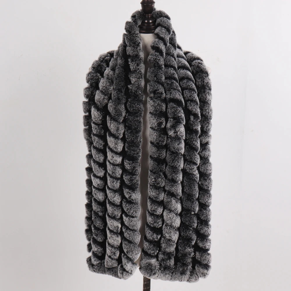 Knitted Fashion Lady Real Rex Rabbit Fur Scarf Women Winter Warm Natural Fur Scarves Long Style Real Fur Neckerchief