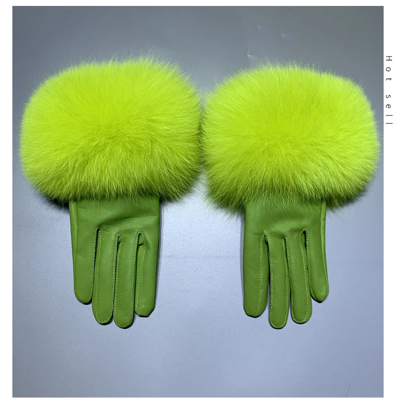 Luxury Fox Fur & Genuine Sheepskin Leather Gloves for Women – Winter Warm Driving Mittens with Real Fur Cuffs