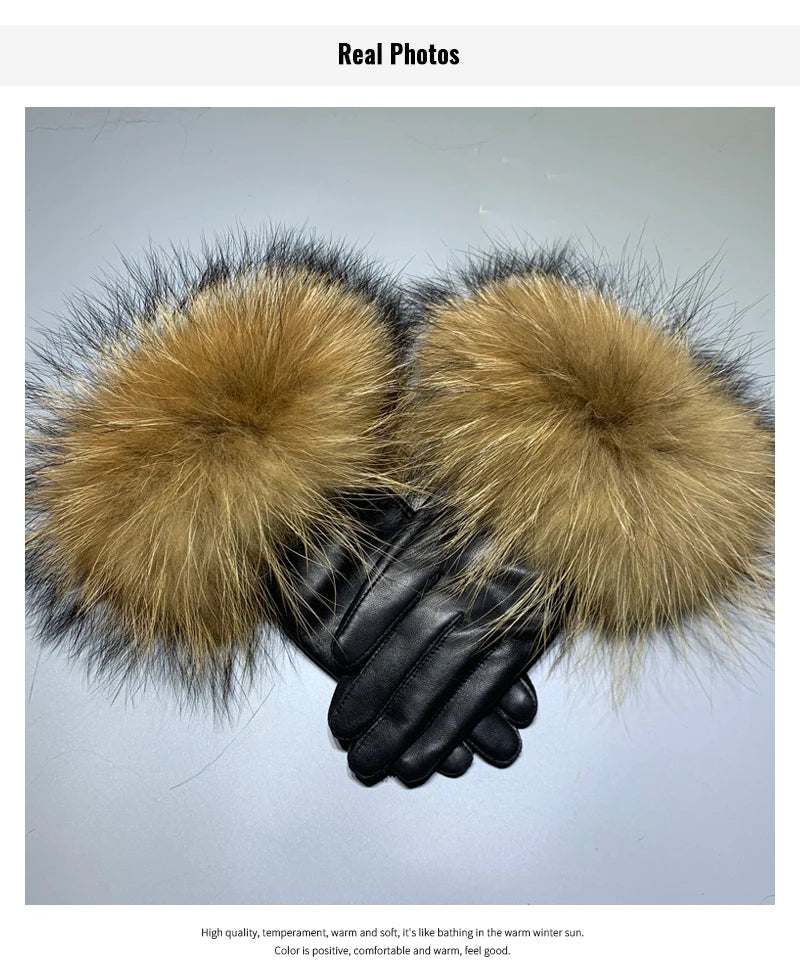 Luxury Fox Fur & Genuine Sheepskin Leather Gloves for Women – Winter Warm Driving Mittens with Real Fur Cuffs