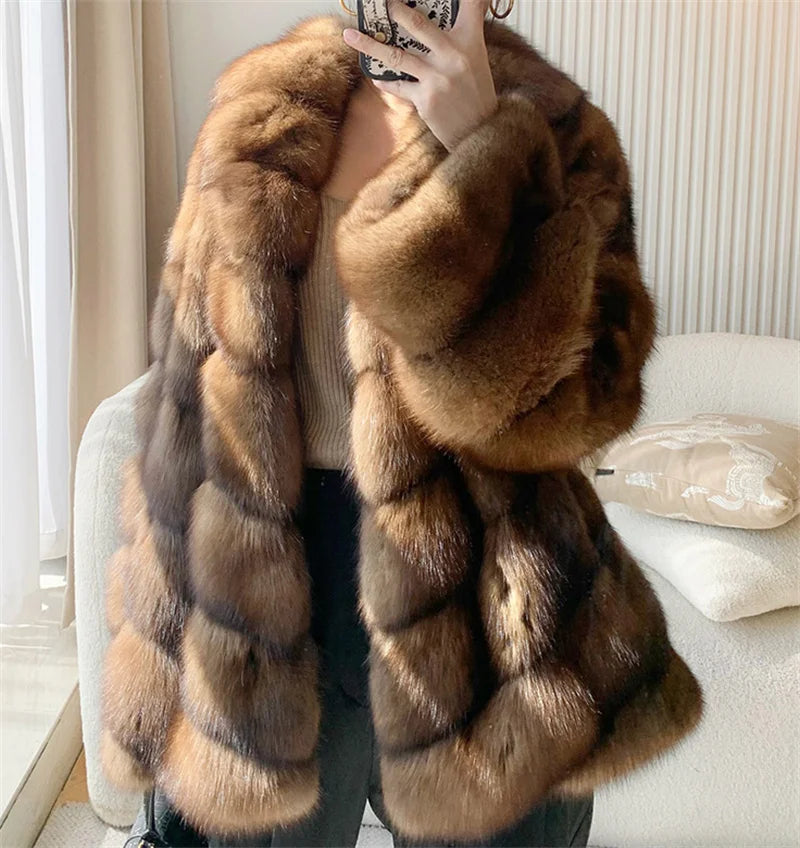 Women’s Original High End Russian Sable Fur Coat with Lapel Collar – Luxury Starrysky-Inspired Mink-Style Fur, Loose & Versatile Design