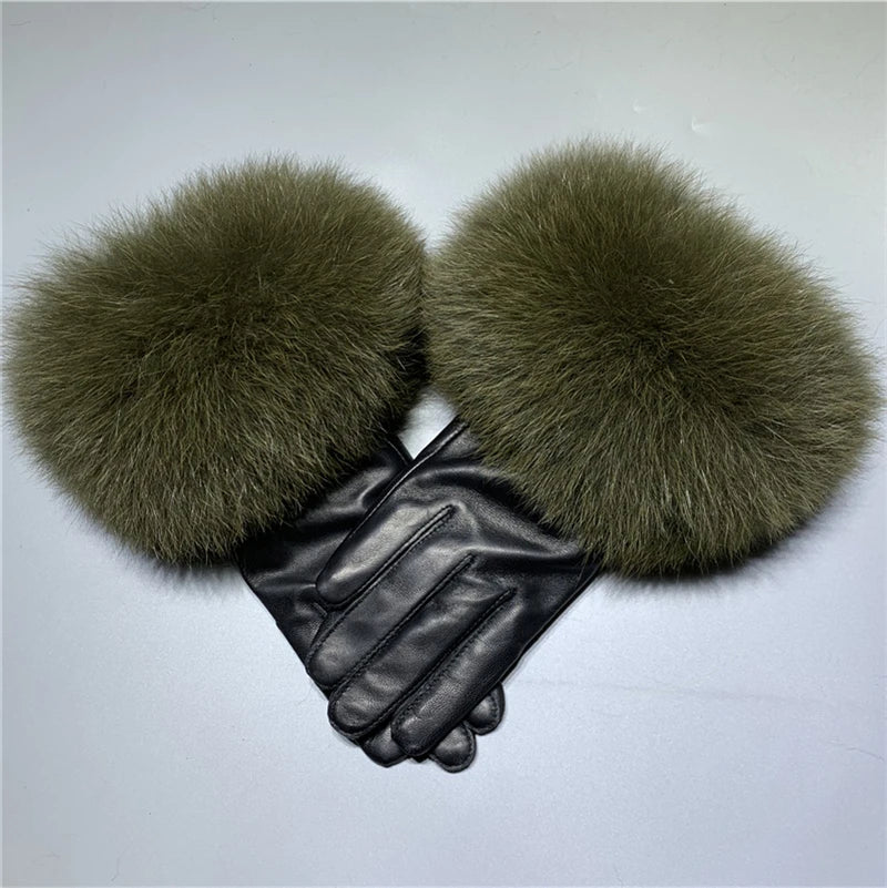 Luxury Fox Fur & Genuine Sheepskin Leather Gloves for Women – Winter Warm Driving Mittens with Real Fur Cuffs