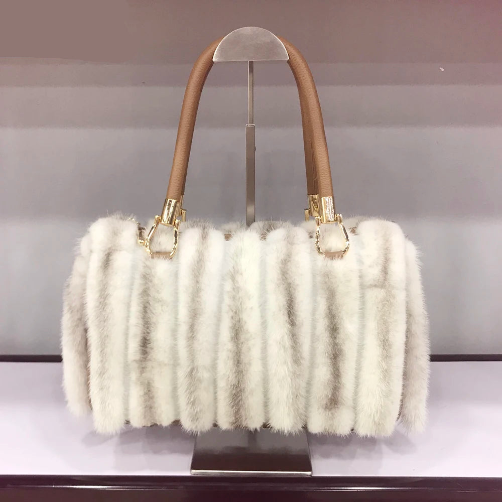 White fur handbag with brown handles on a stand, branded 'LLHPB FUR'. - HER SHOP