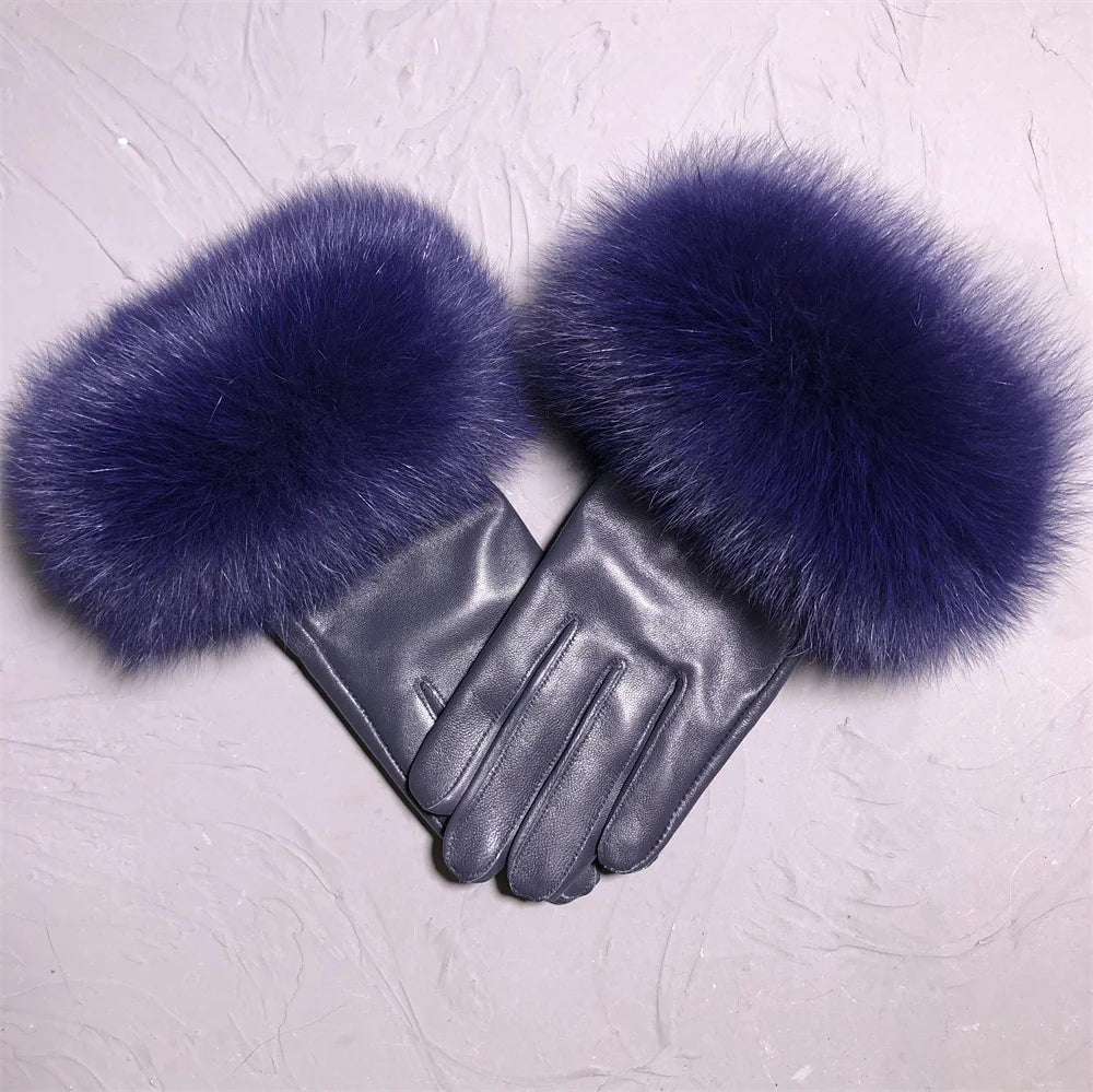Luxury Fox Fur & Genuine Sheepskin Leather Gloves for Women – Winter Warm Driving Mittens with Real Fur Cuffs