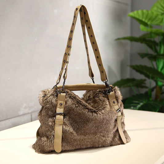 Luxury Faux Fur Tote Bag - Trendy Winter Handbag with Plush Rivet Design for Women - HER SHOP