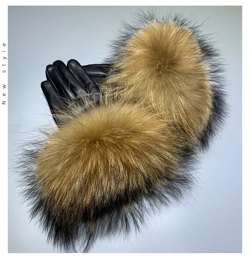 Luxury Fox Fur & Genuine Sheepskin Leather Gloves for Women – Winter Warm Driving Mittens with Real Fur Cuffs