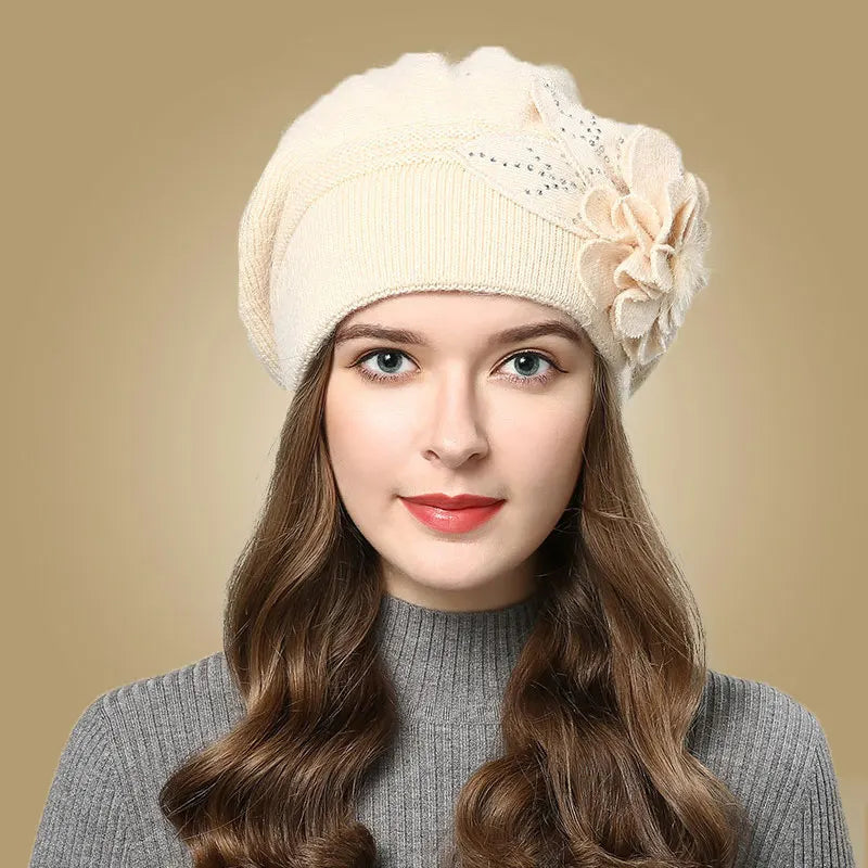 Women Rabbit Berets Knitted Wool Hats Winter Flowers Warm Female Cap Girls Beanies Fur Hat Gorros Bonnet Femme Hiver 2023