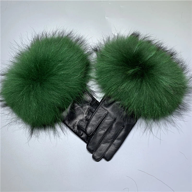 Luxury Fox Fur & Genuine Sheepskin Leather Gloves for Women – Winter Warm Driving Mittens with Real Fur Cuffs