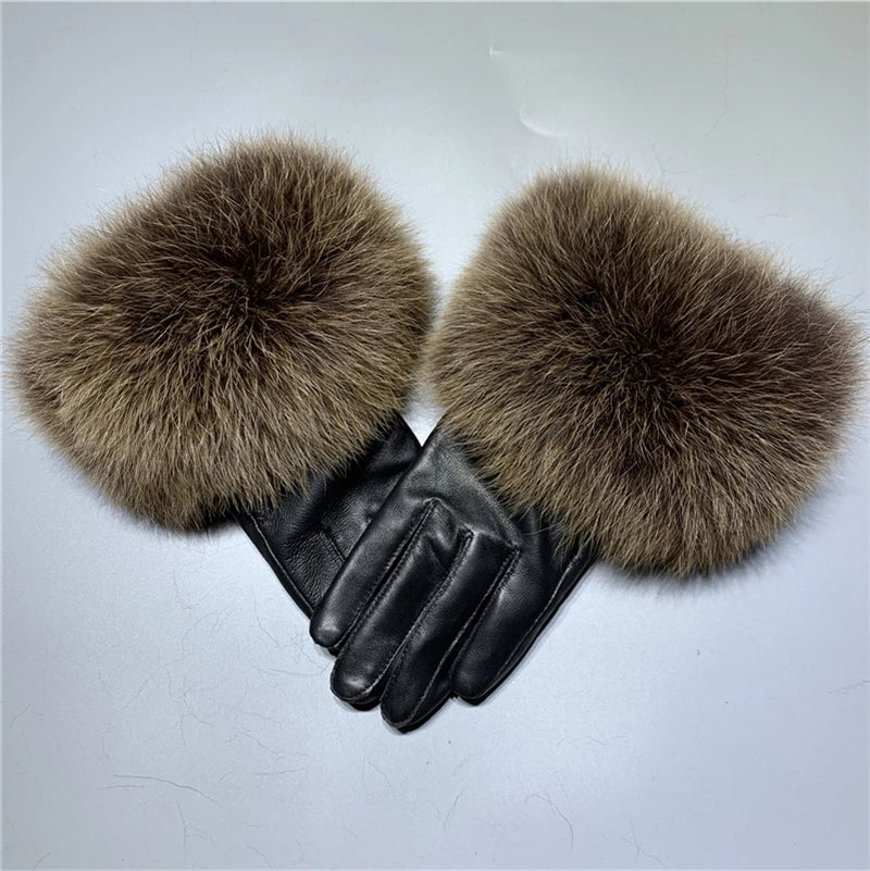 Luxury Fox Fur & Genuine Sheepskin Leather Gloves for Women – Winter Warm Driving Mittens with Real Fur Cuffs