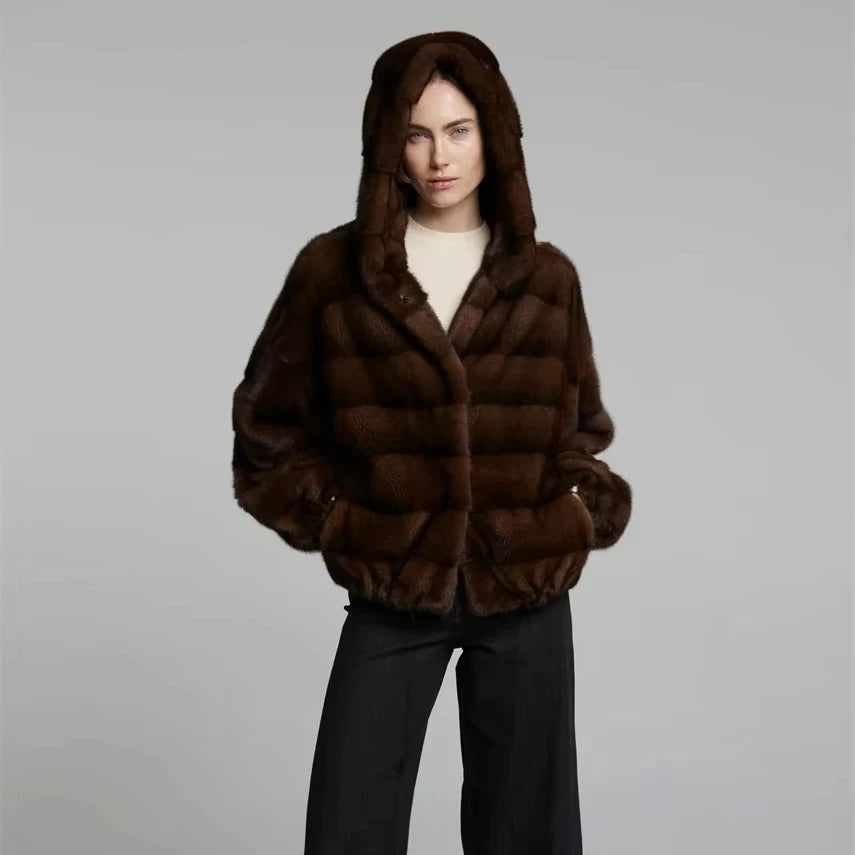 Women’s Windproof Mahogany Mink Fur Coat with Ho