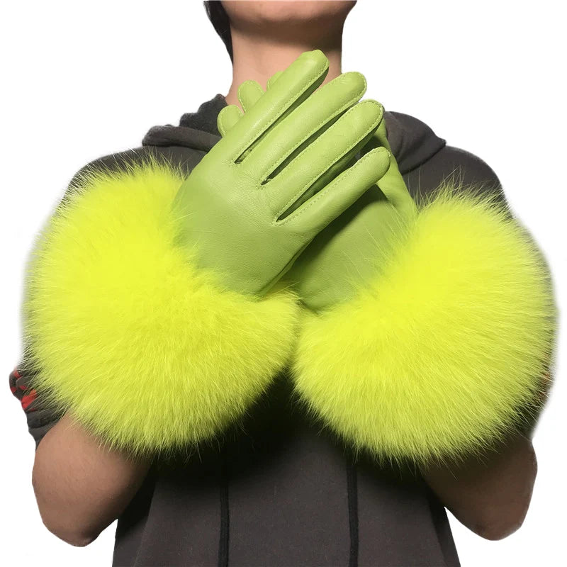 Luxury Fox Fur & Genuine Sheepskin Leather Gloves for Women – Winter Warm Driving Mittens with Real Fur Cuffs - HER SHOP