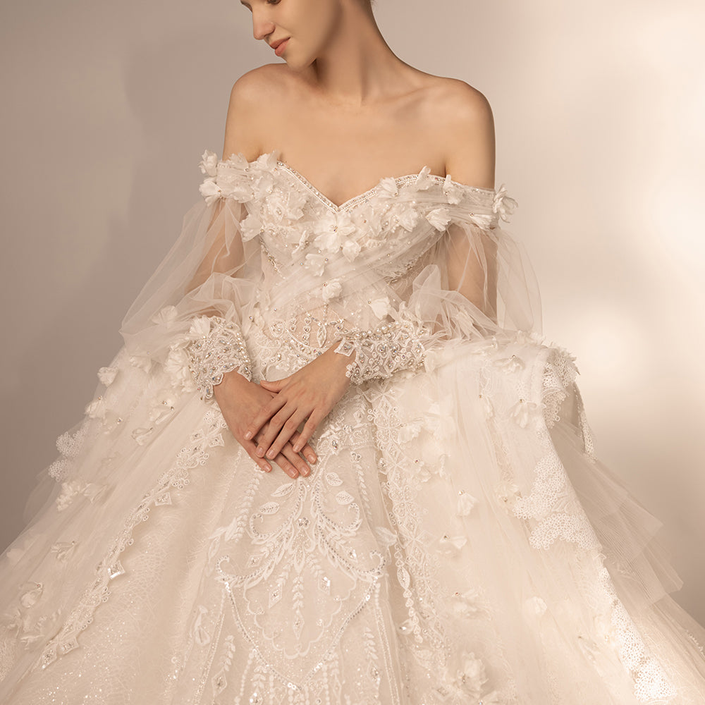 Elegant Off-Shoulder Appliqued Flower Ball Gown Wedding Dress