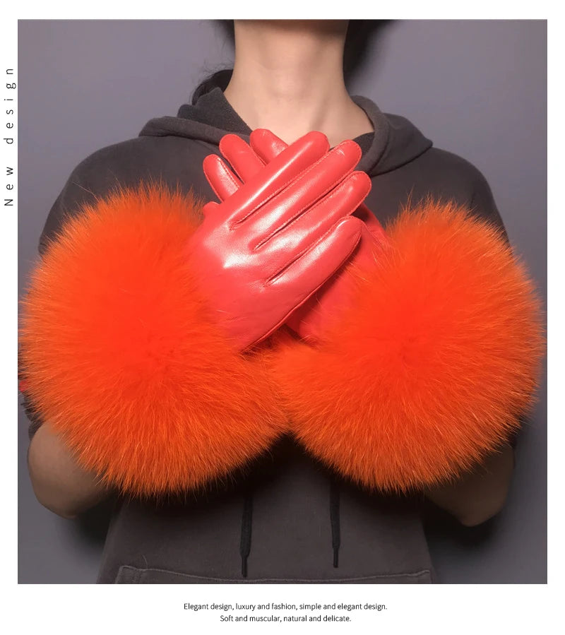 Luxury Fox Fur & Genuine Sheepskin Leather Gloves for Women – Winter Warm Driving Mittens with Real Fur Cuffs
