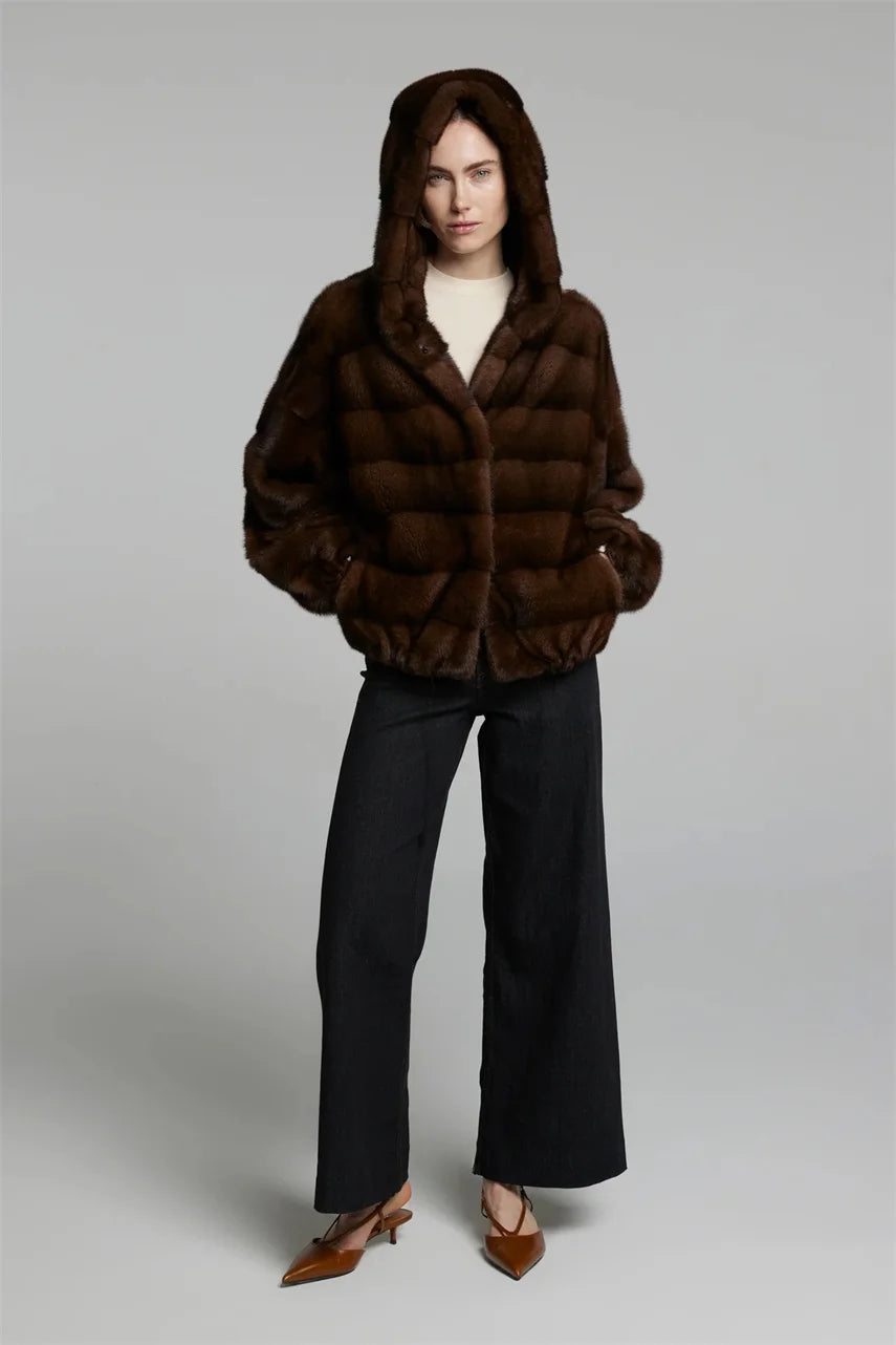 Women’s Windproof Mahogany Mink Fur Coat with Ho