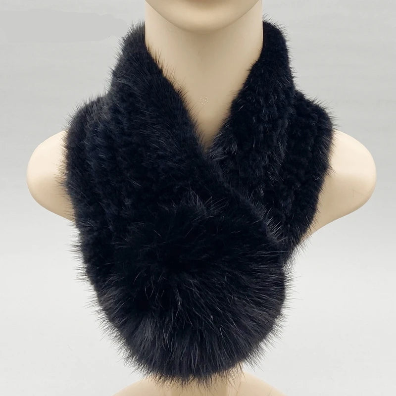 Women Scarf Natural Mink Fur Scarf Winter Female Warm Shawls Stylish Solid Knitted Neckwarmer 62cmx10cm