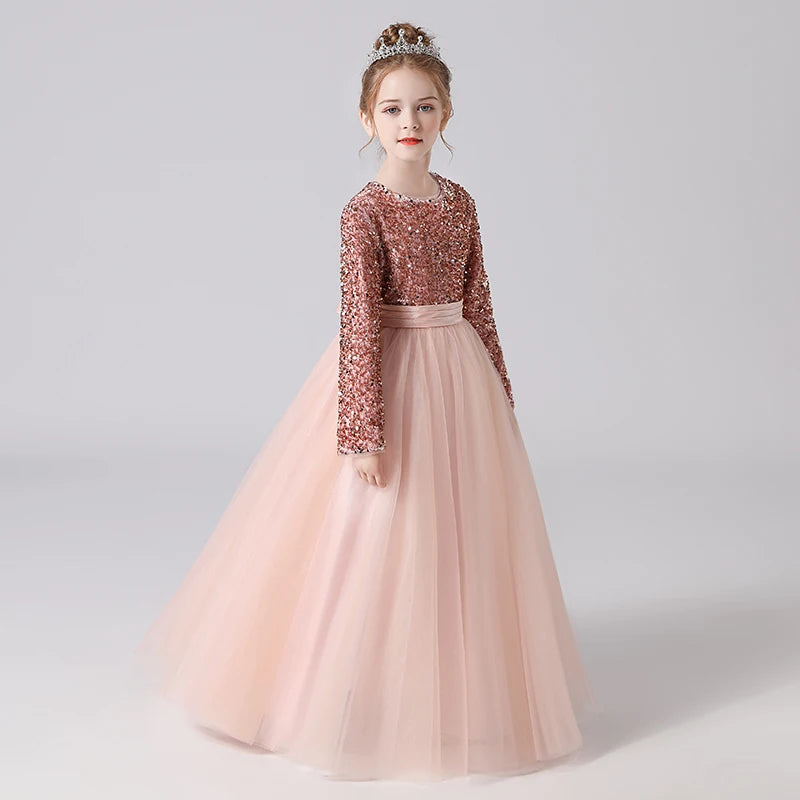 Customized Glitter Sequin Long-Sleeve Flower Girl Dress