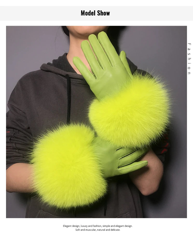 Luxury Fox Fur & Genuine Sheepskin Leather Gloves for Women – Winter Warm Driving Mittens with Real Fur Cuffs