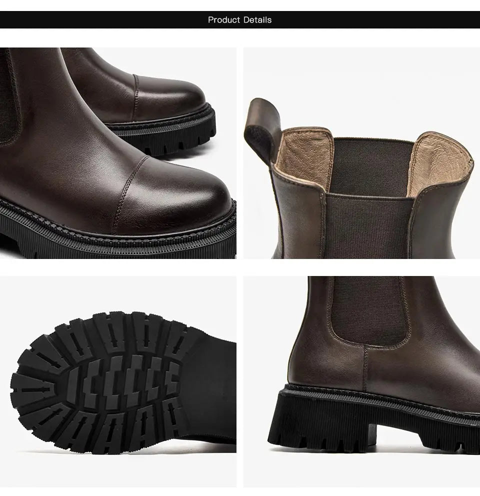 Women’s Genuine Cow Leather Ankle Boots – White Round Toe Platform Boots with Stitching Design