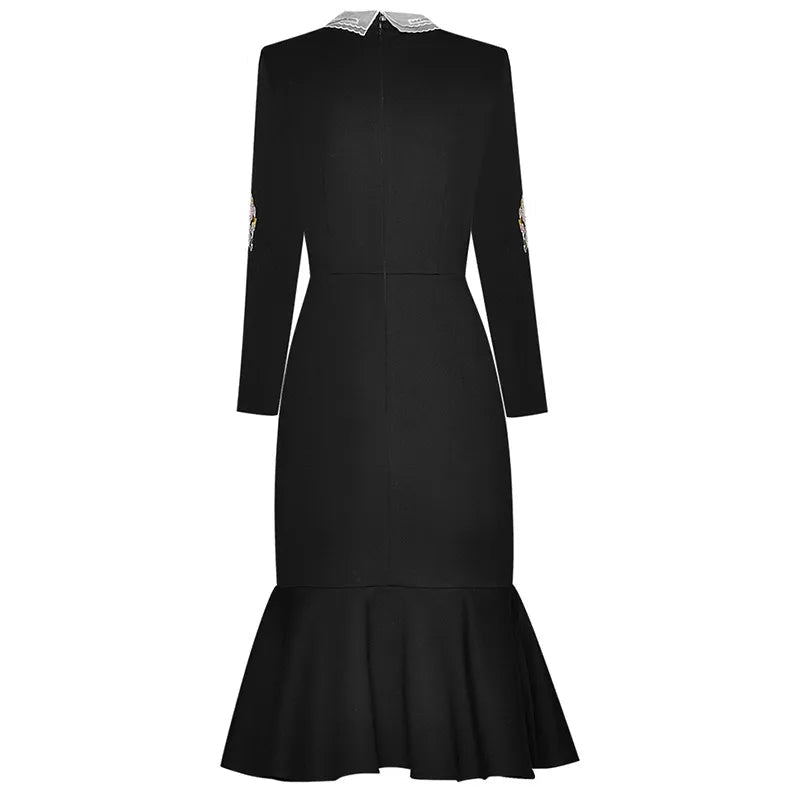 Autumn Runway Elegant Black Mermaid Dress – Beaded Turn-Down Collar, Rose Embroidery, Hot Drilling, Slim Fit Package Hip Women’s Dress