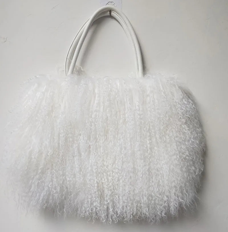 Winter Real Mongolia Lamb Fur Handbag Women Casual Tibet Long Hair Natural Fur Shoulder Bag Genuine Tote Bags Femme