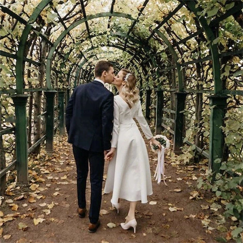 Vintage Satin Long-Sleeve A-Line Wedding Dress | Tea-Length Custom Bridal Gown