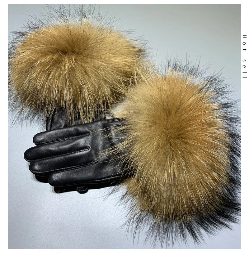 Luxury Fox Fur & Genuine Sheepskin Leather Gloves for Women – Winter Warm Driving Mittens with Real Fur Cuffs