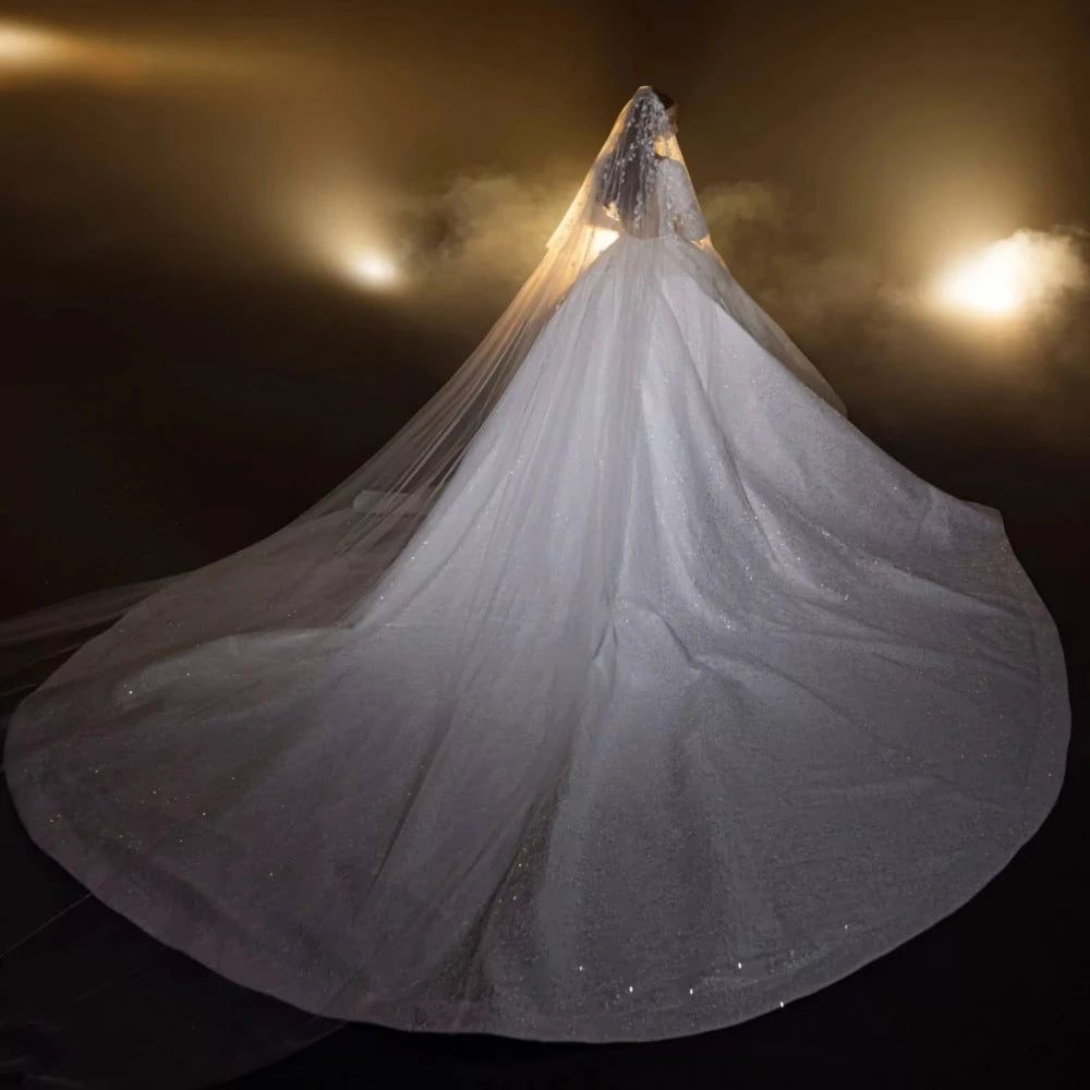 Custom Made Modest High-Neck Wedding Dress  -  Long Sleeves with Sparkling Sequins & Beads