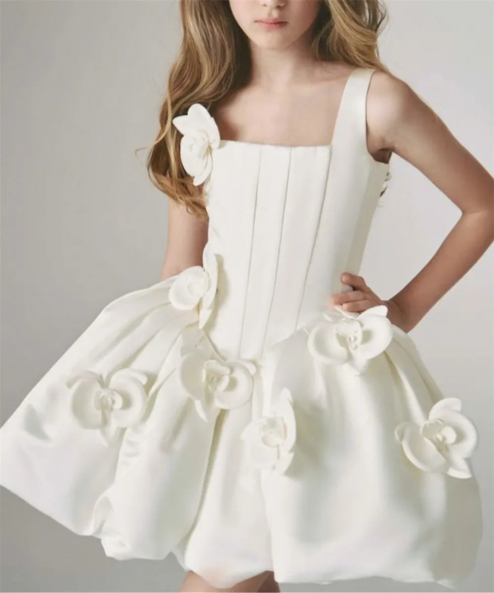 Flower Girl Dress for Wedding | 3D Floral Mini Tutu Princess Dress - Ivory