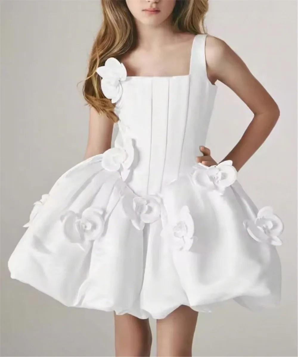 Flower Girl Dress for Wedding | 3D Floral Mini Tutu Princess Dress - White