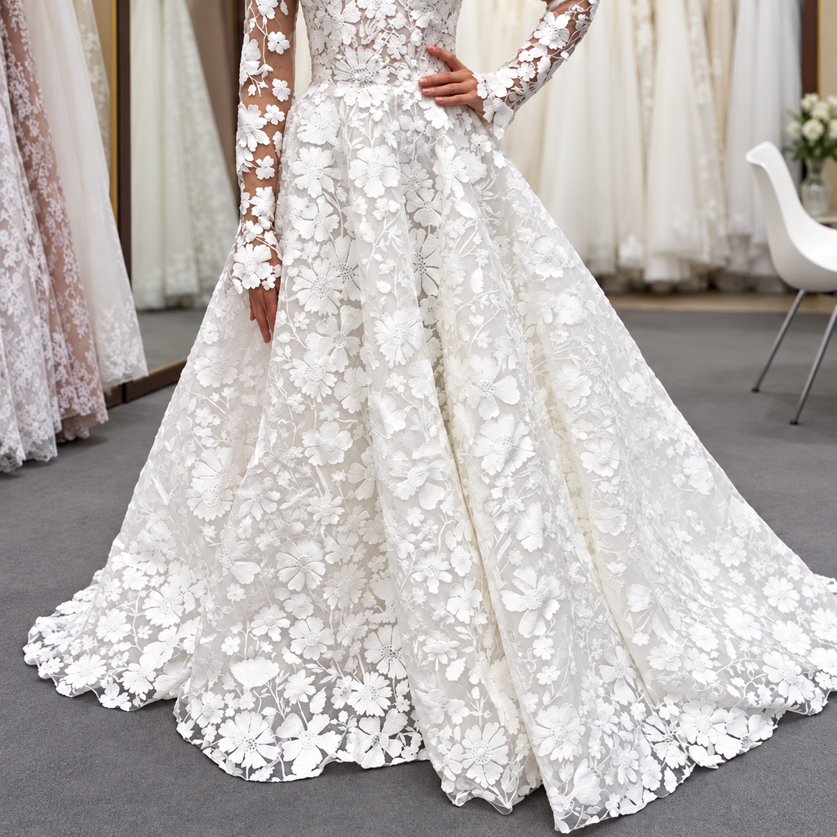 A white long-sleeve A-line wedding gown with 3D floral applique and a scalloped lace hem, shown on a model in a bridal shop.