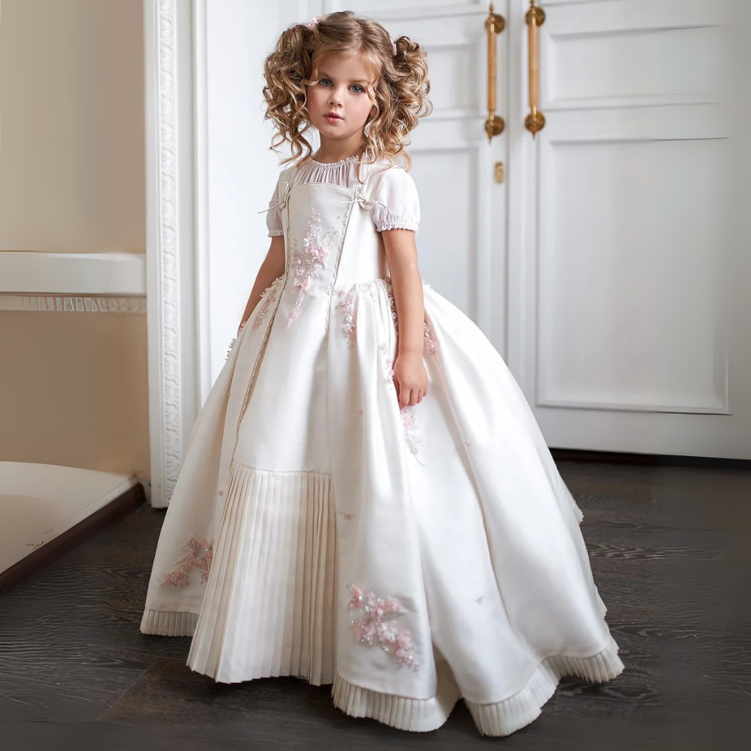 Customized Communion Ceremony Dress Boutique Girl Kid Cape Sleeve Satin with Detachable Skirt Ball Gown Formal Party - HER SHOP