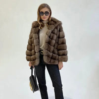 Luxurious Genuine Mink Fur Coat with Hooded Fur Trim