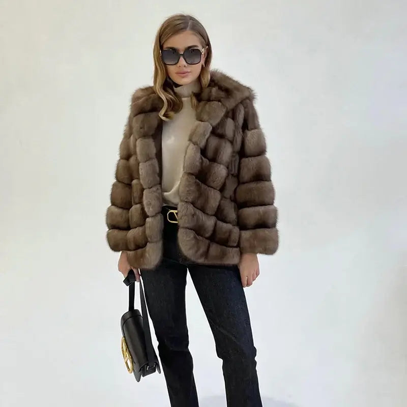 Luxurious Genuine Mink Fur Coat with Hooded Fur Trim