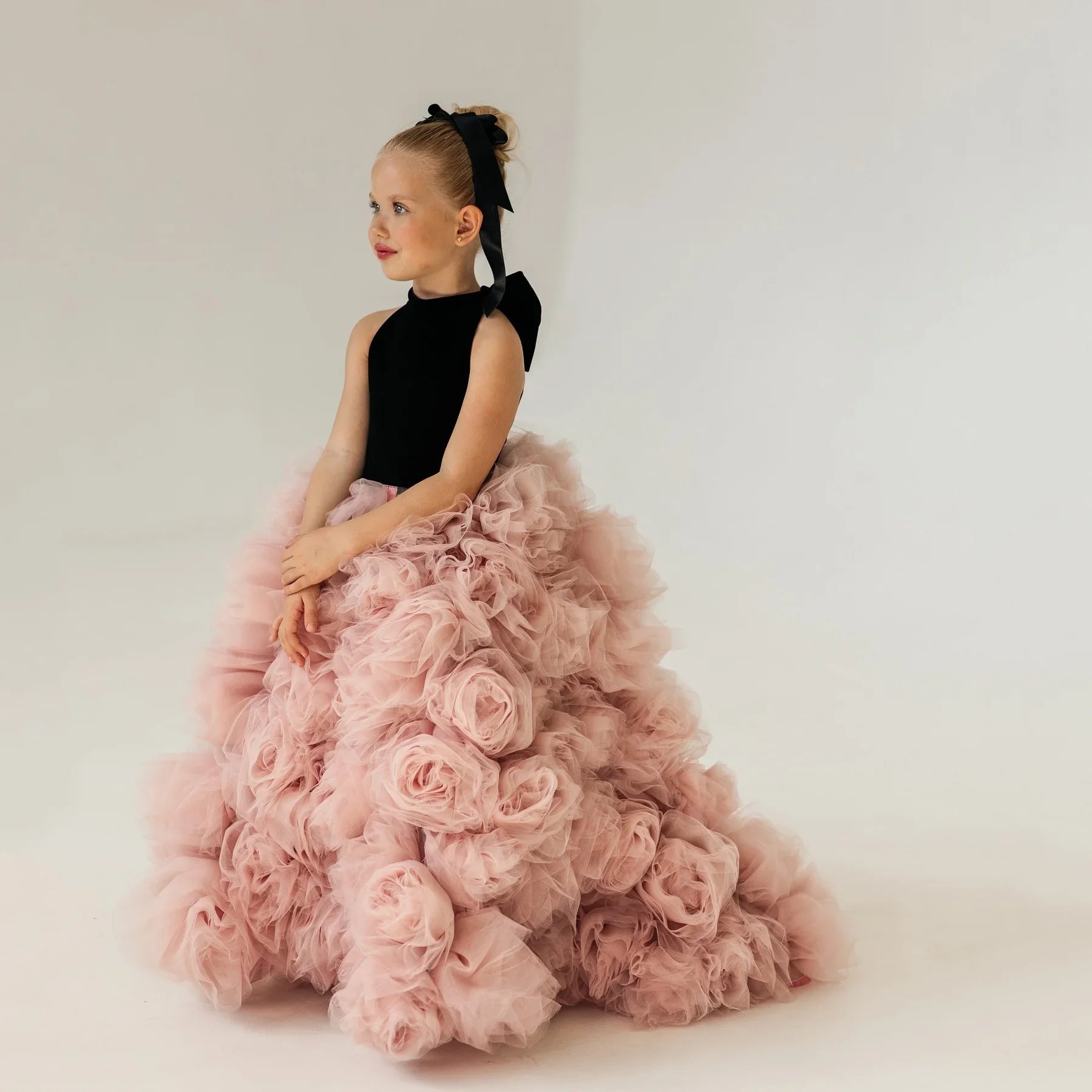 Luxury flower girl dress with high neck, floral appliqués, and bow detail. Elegant organza floor-length gown for weddings and special occasions, custom-made for a perfect fit. — HER SHOP