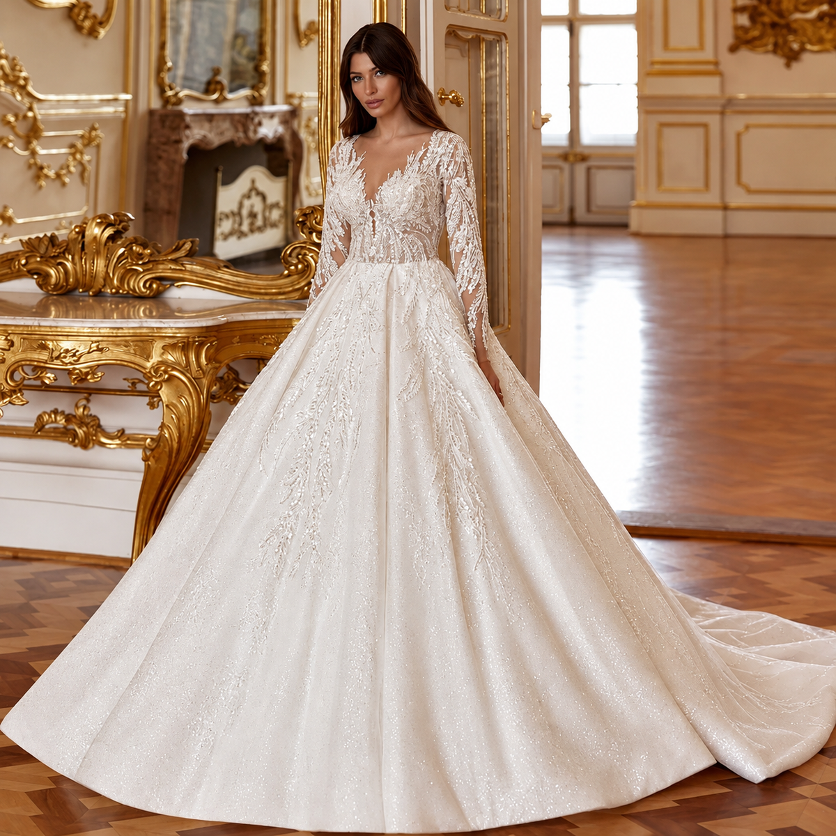Luxury lace ball gown wedding dress with illusion V-neck and long sleeves