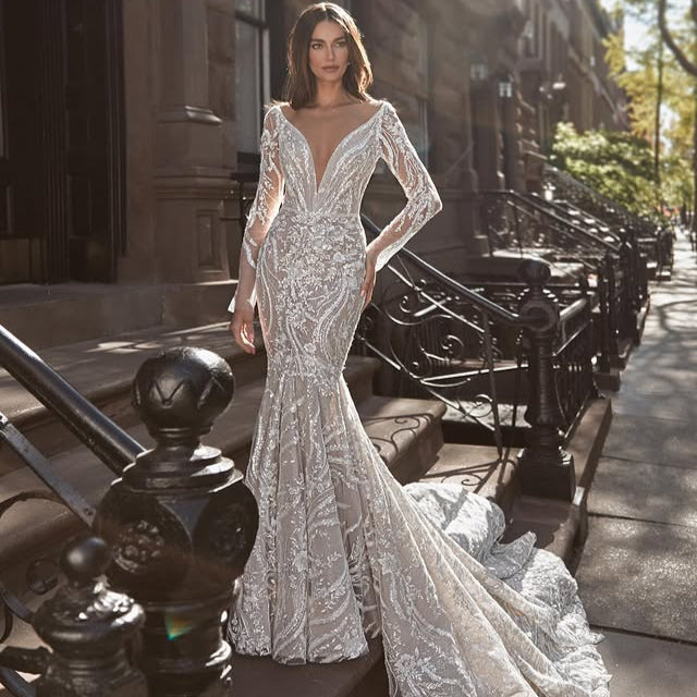 Luxury Beading Embroidery Lace Illusion V-Neck Mermaid Wedding Dresses Full Sleeves Backless Trumpet Bridal Gowns - HER SHOP