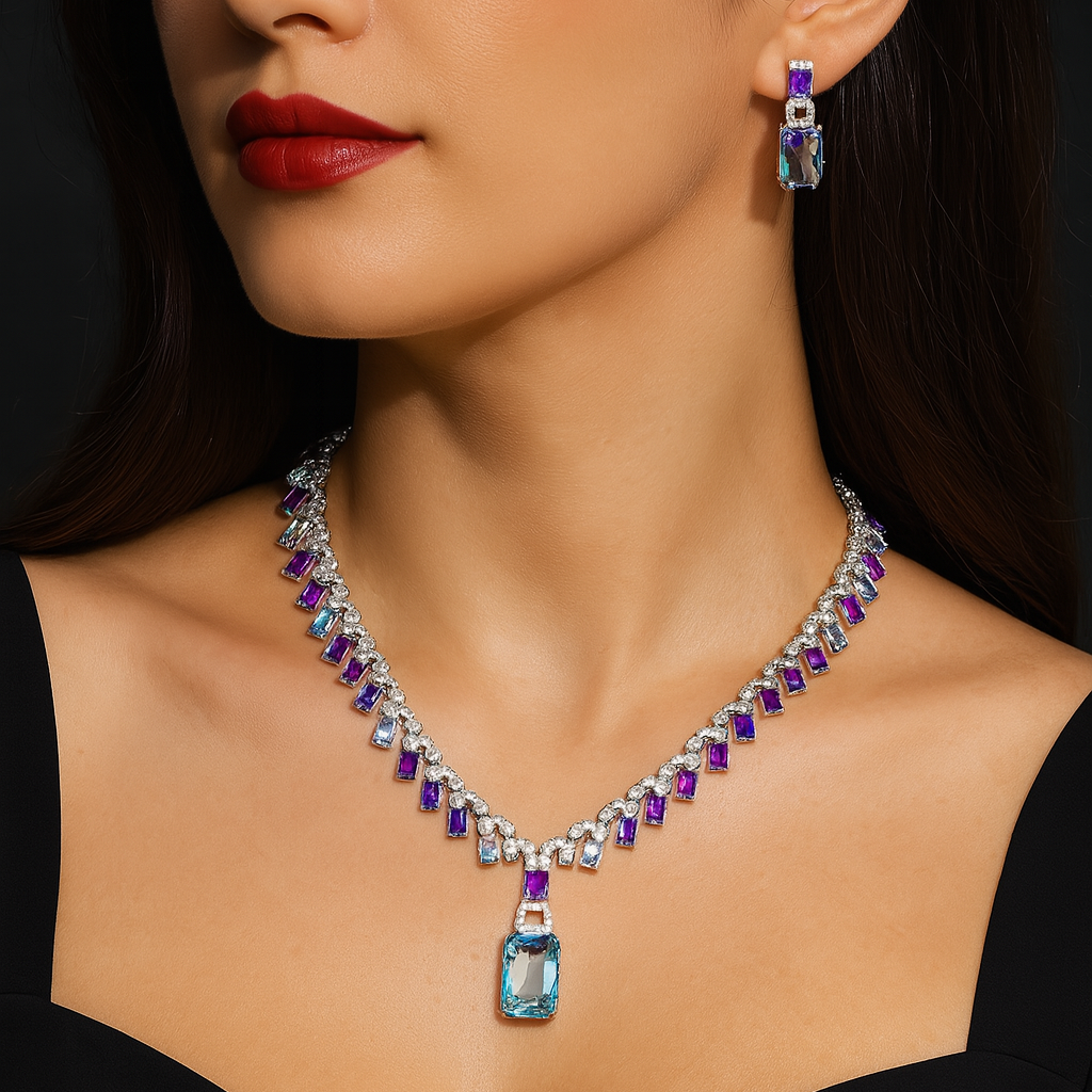 Luxury Blue & Purple Cubic Zirconia Bridal Jewelry Set – Silver Square Drop Necklace & Earrings for Wedding or Party - HER SHOP