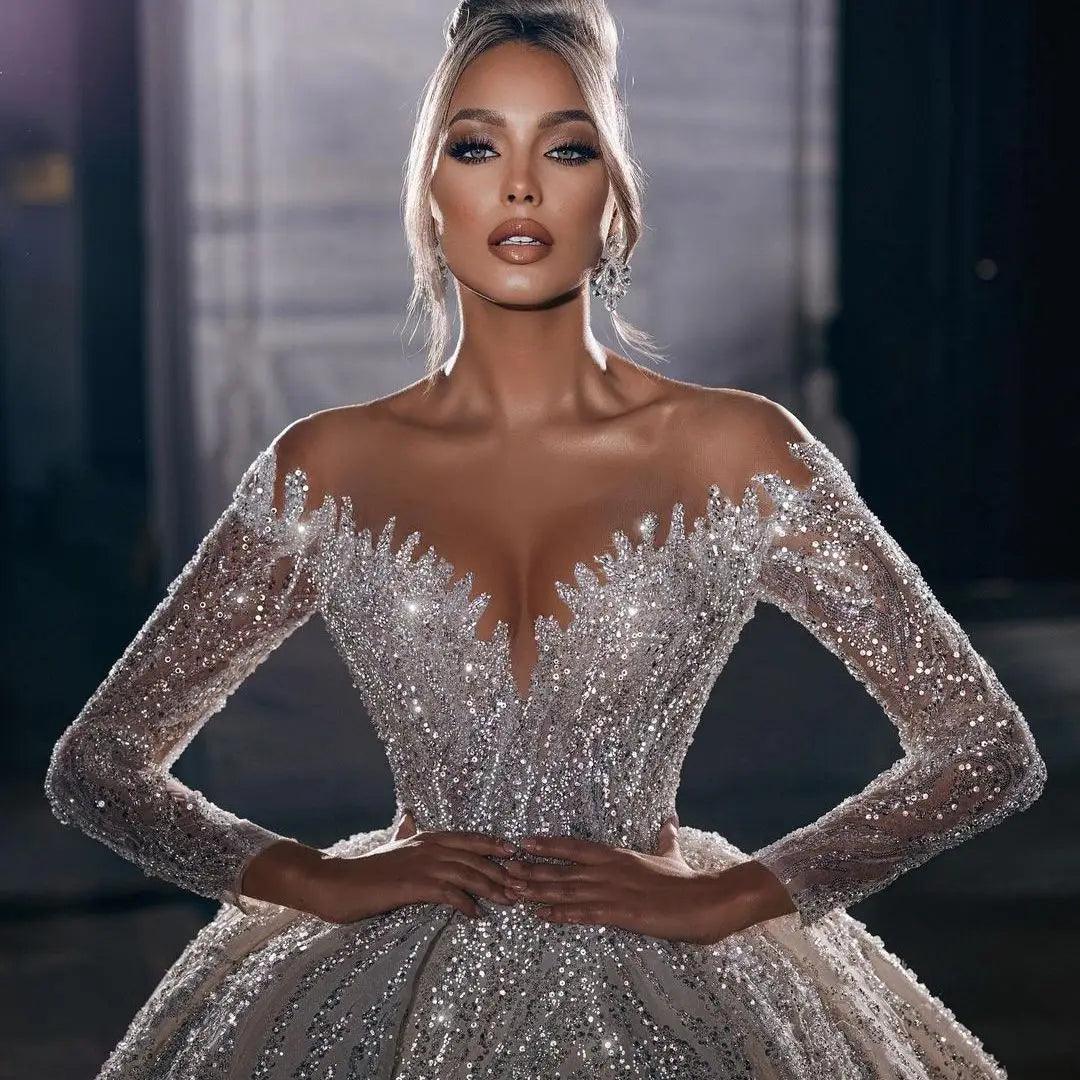 Luxury Strapless Princess Wedding Gown with Beaded Illusion Sleeves and Deep V-Neck - HER SHOP