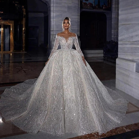 Luxury Strapless Princess Wedding Gown with Beaded Illusion Sleeves and Deep V-Neck - HER SHOP