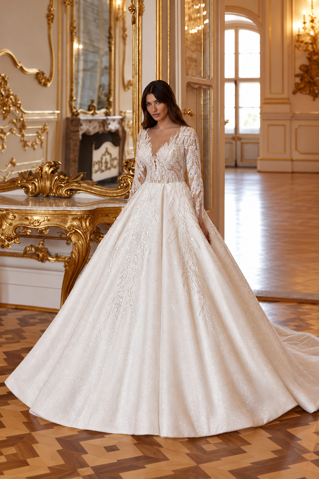 Back view of luxury long-sleeve lace ball gown wedding dress