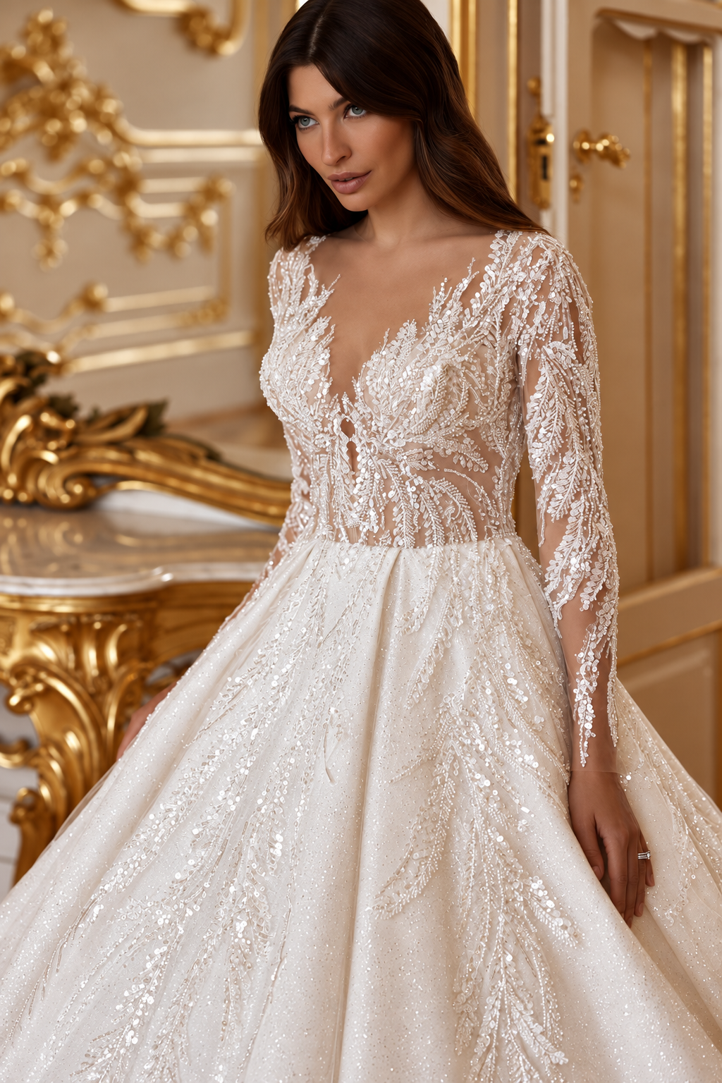 Close-up of beaded illusion V-neck bodice and embroidered bridal sleeves