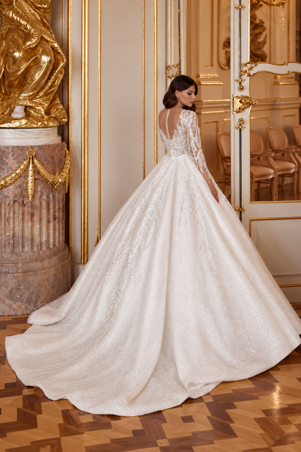 Long-sleeve ivory lace ball gown with full skirt and court train