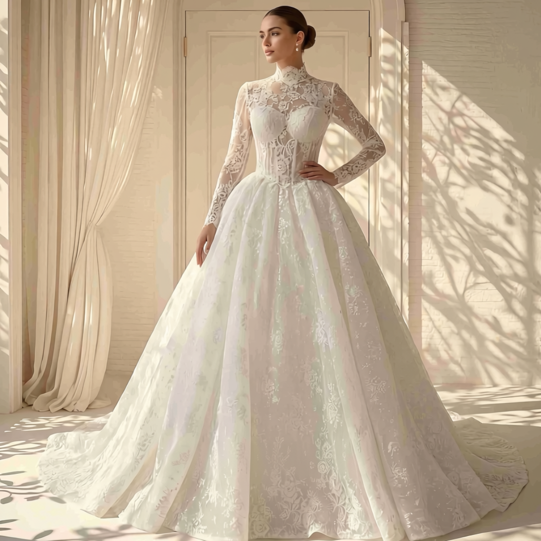 A woman wearing an elegant white lace ball gown modest wedding dress with long sheer sleeves and a high mock neck, standing in a sunlit room with draped curtains and leaf shadows on the wall.